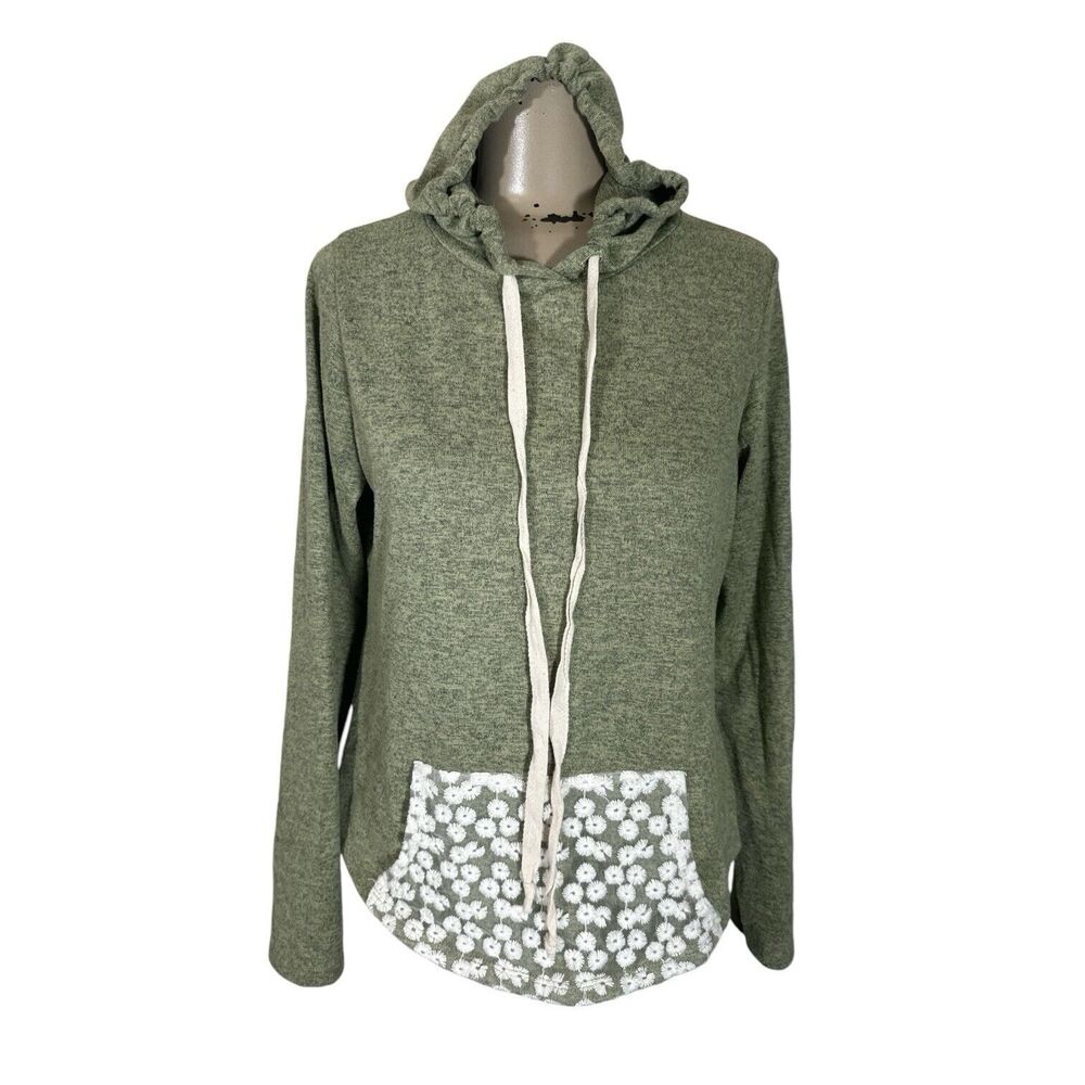 LA BANGA Boutique Designer Moss Green Hooded Sweatshirt Lace Kangaroo Pocket M